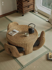 rattan tea set, rattan table and chairs, handwoven rattan furniture, round rattan table, bamboo tea table set, natural rattan decor, japanese tatami furniture, boho rattan furniture, artisan rattan set