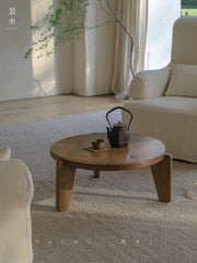 kiyo coffee table, round tea table, solid wood wabi sabi furniture, japanese minimalist furniture, zen table, handcrafted wooden table, low table, piexlculpt studio, natural oak coffee table, modern wabi sabi decor