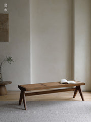 chandigarh bench, handwoven rattan bench, solid wood furniture, japanese minimalist bench, handcrafted wooden bench, entryway seating, sustainable rattan furniture, piexlculpt studio, wabi sabi bench