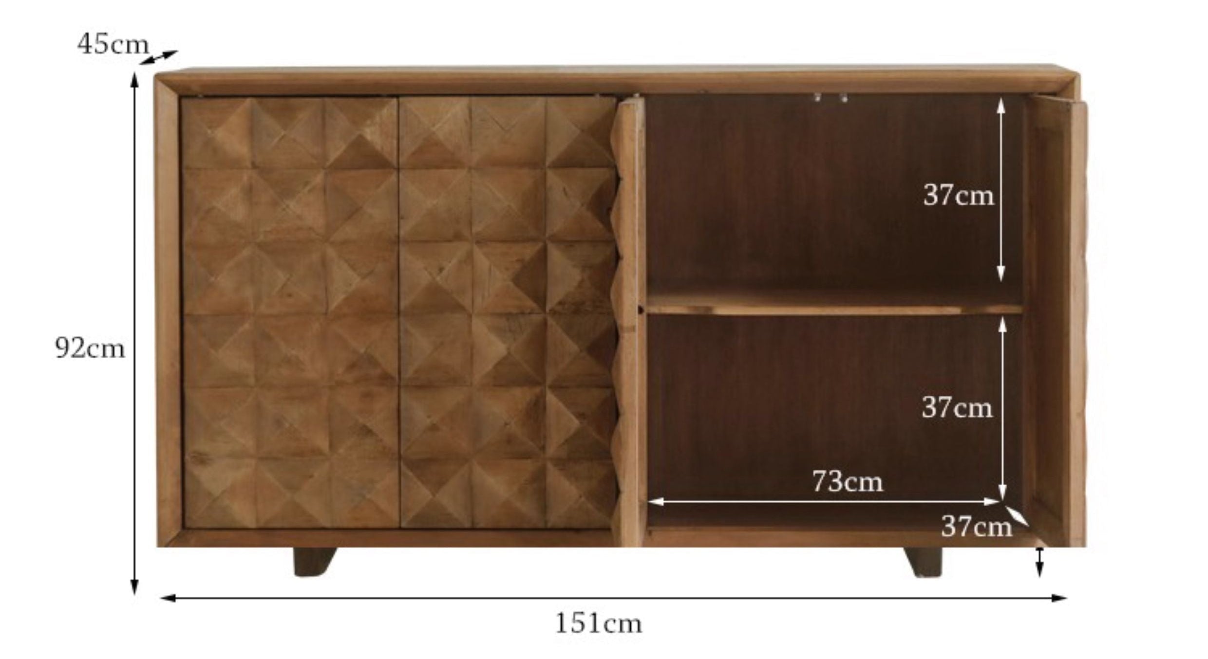 carved wood sideboard, solid wood cabinet, geometric furniture, handcrafted buffet, artisan storage cabinet, minimalist wood furniture, wabi-sabi sideboard, boho home furniture, modern natural wood cabinet