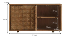 carved wood sideboard, solid wood cabinet, geometric furniture, handcrafted buffet, artisan storage cabinet, minimalist wood furniture, wabi-sabi sideboard, boho home furniture, modern natural wood cabinet