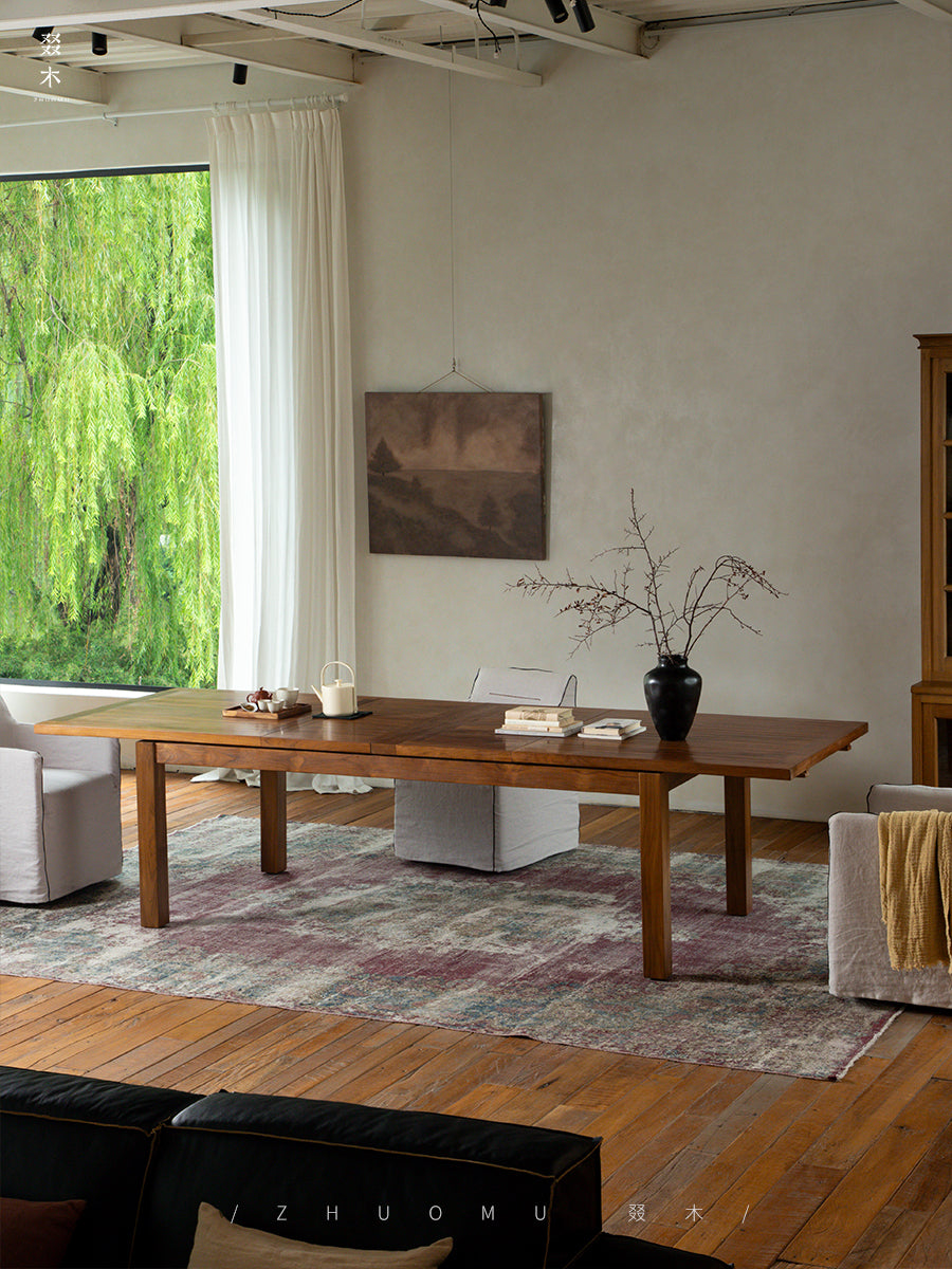 toki dining table, extendable wood table, solid teak furniture, japanese minimalist dining table, handcrafted extendable table, wabi sabi furniture, piexlculpt studio, teak long table, zen furniture, extendable conference table