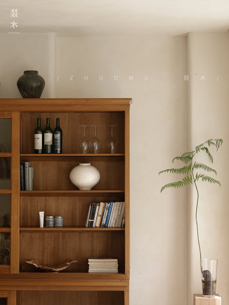 handcrafted wood cabinet, solid wood bookshelf, glass door cabinet, sliding wood cabinet, natural wood furniture, artisan wood furniture, minimalist storage cabinet, wabi-sabi furniture, boho wood shelf