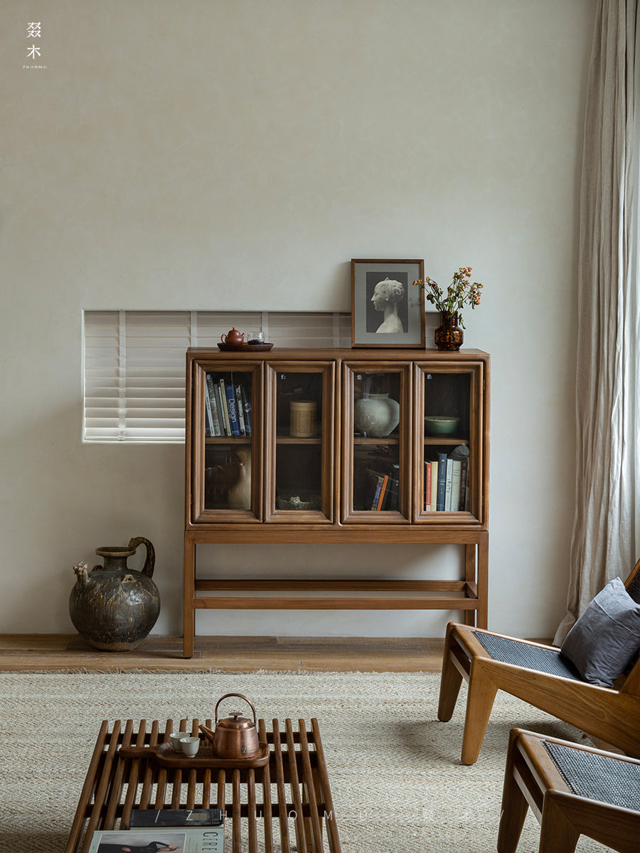 teak glass cabinet, high-leg display cabinet, solid wood showcase, handcrafted teak furniture, artisan wood cabinet, minimalist glass cabinet, wabi-sabi furniture, vintage teak display case, japanese scandi teak
