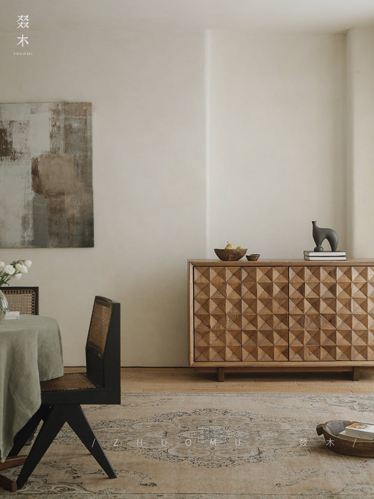 carved wood sideboard, solid wood cabinet, geometric furniture, handcrafted buffet, artisan storage cabinet, minimalist wood furniture, wabi-sabi sideboard, boho home furniture, modern natural wood cabinet