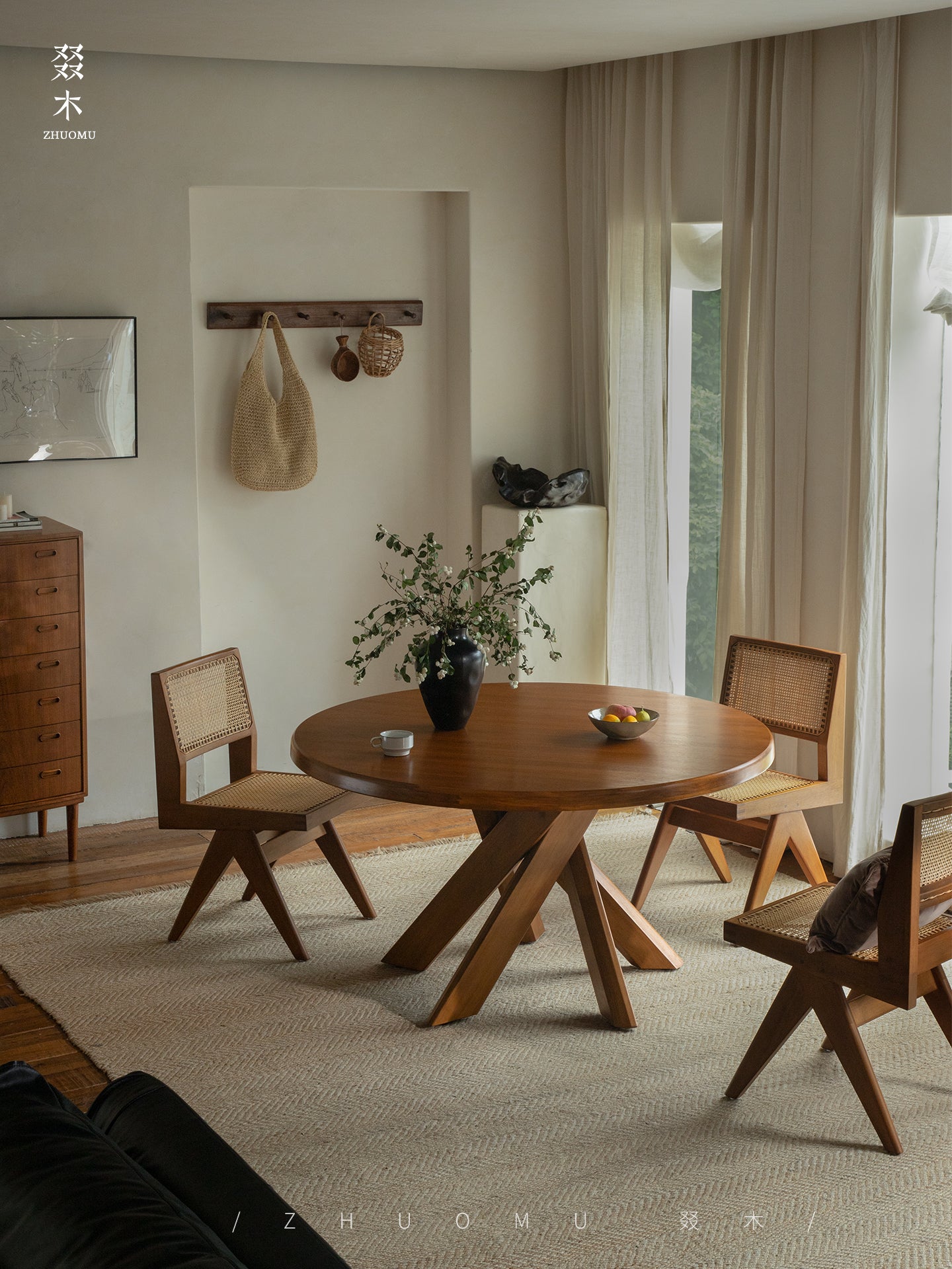 nami dining table, round teak table, solid wood table, wabi sabi furniture, japanese minimalist dining table, handcrafted round table, piexlculpt studio, zen furniture, french vintage design, teak dining table