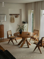 nami dining table, round teak table, solid wood table, wabi sabi furniture, japanese minimalist dining table, handcrafted round table, piexlculpt studio, zen furniture, french vintage design, teak dining table