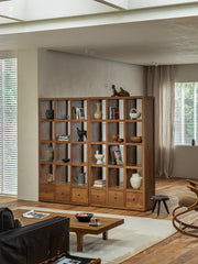 teak display cabinet, solid wood bookshelf, handcrafted teak furniture, natural wood display shelf, artisan wood cabinet, minimalist bookshelf, wabi-sabi furniture, boho wood decor, sustainable teak furniture