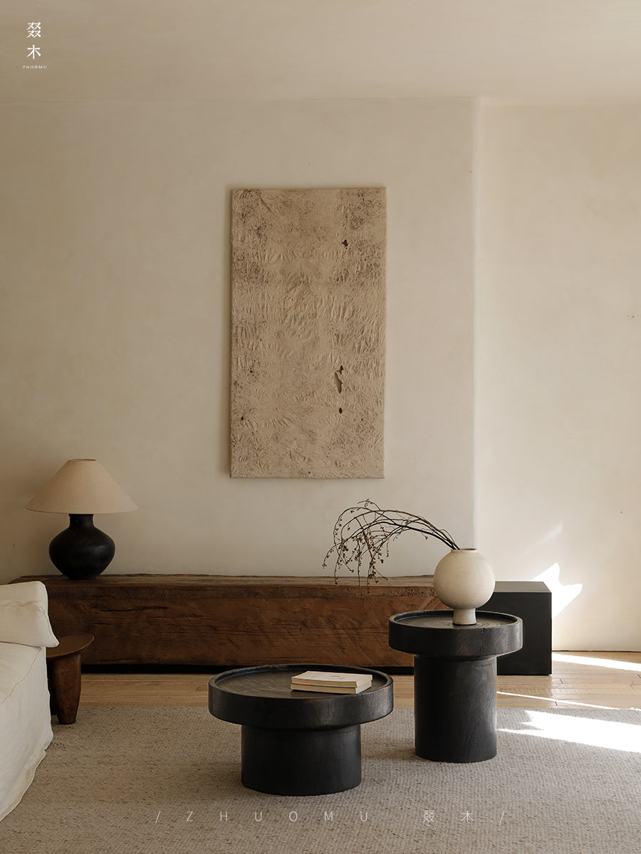 inkan side table, sculptural coffee table, solid wood side table, wabi sabi furniture, piexlculpt studio, japanese minimalist decor, wooden accent table, zen interior table, handcrafted wood furniture, round sculptural table