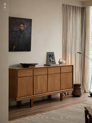 teak sideboard, solid wood cabinet, handcrafted buffet, four-door teak cabinet, minimalist wood furniture, artisan teak furniture, wabi-sabi sideboard, japanese scandi style furniture, handmade wood buffet