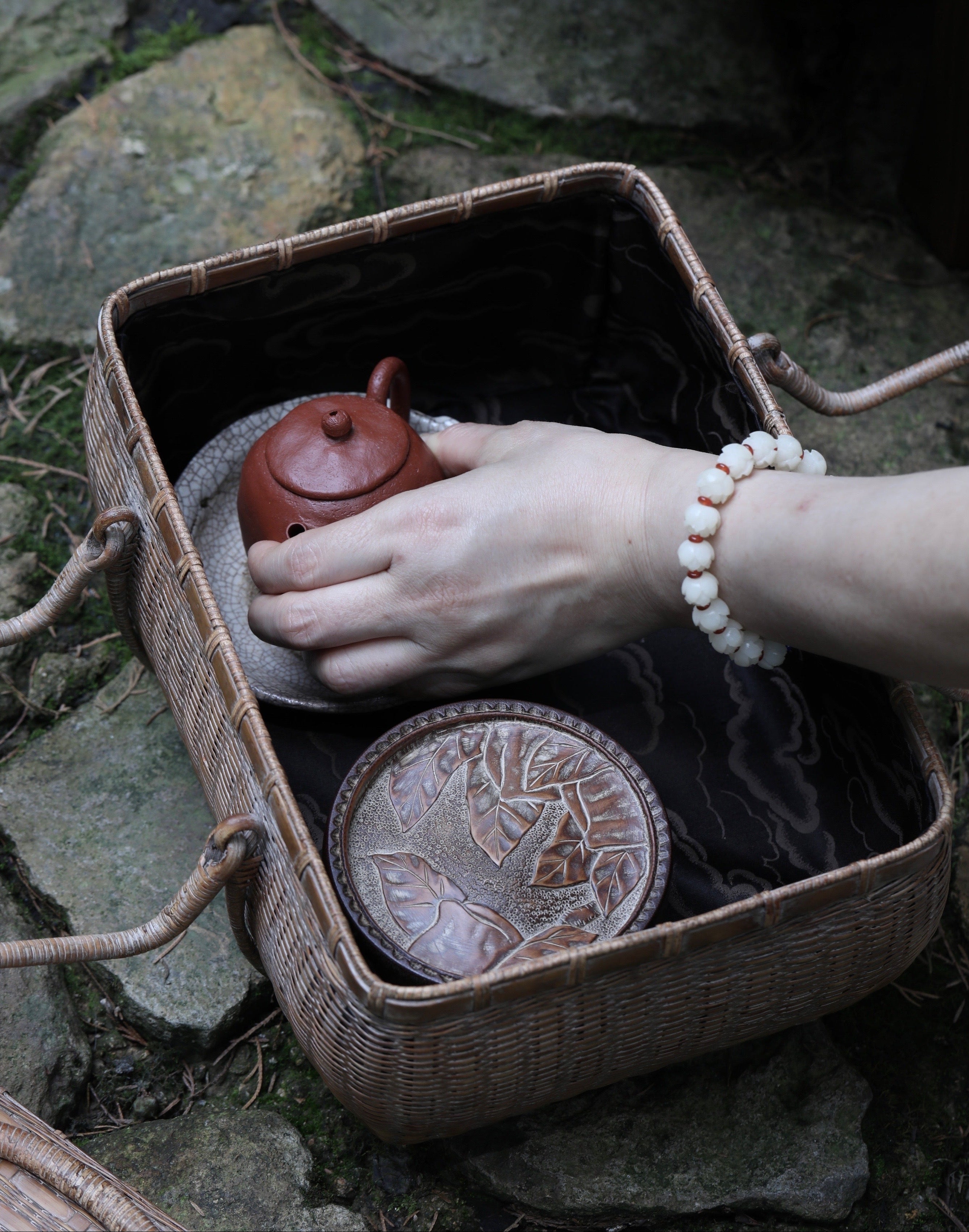 bamboo tea chest, portable tea box, outdoor tea storage, handwoven bamboo case, tea accessory organizer, bamboo picnic chest, oriental tea set box, handcrafted bamboo chest, Piexlculpt tea storage