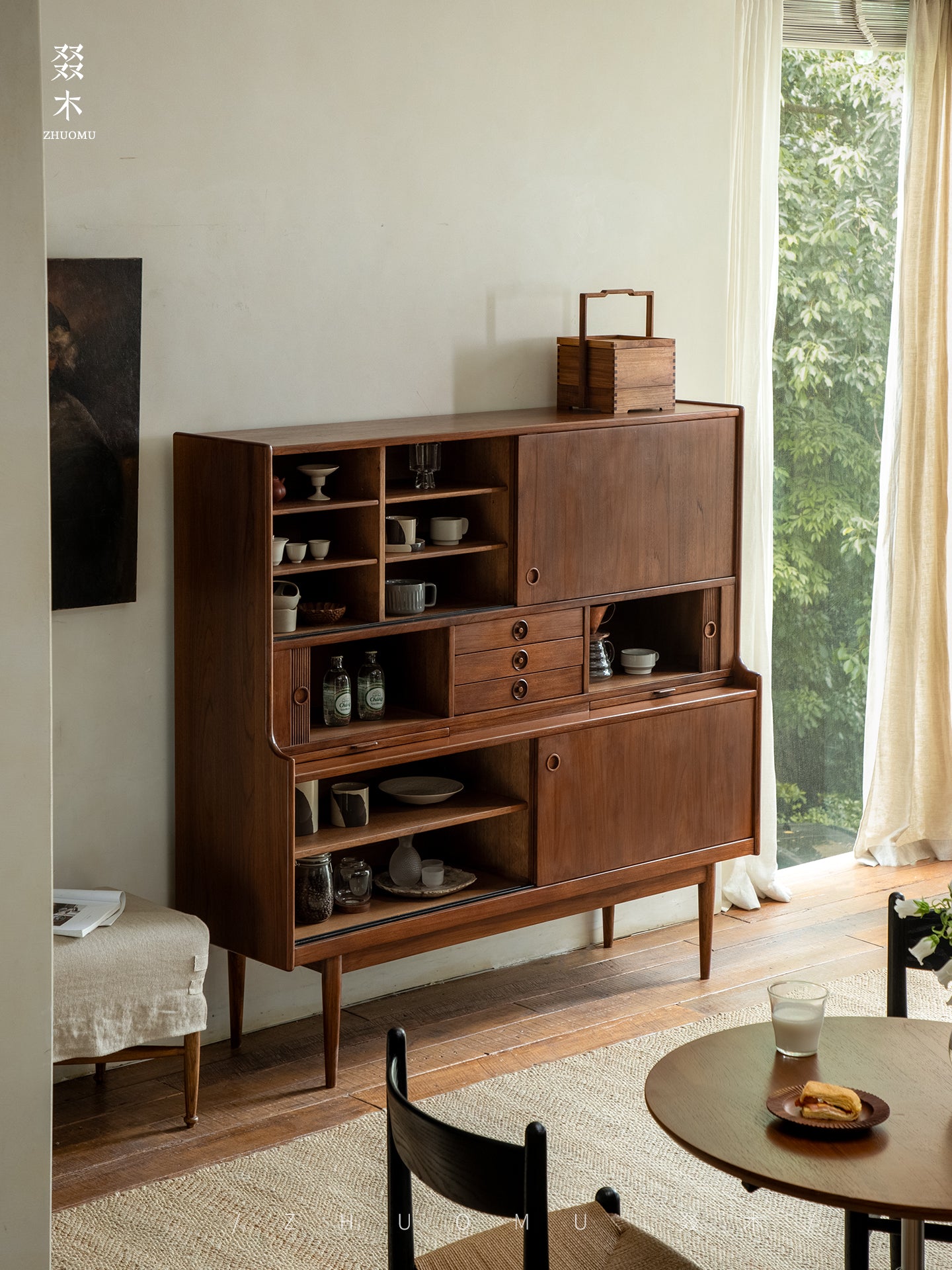 mid century teak sideboard, tambour door cabinet, teak credenza, handcrafted teak furniture, danish modern sideboard, mcm furniture, vintage teak cabinet, solid wood buffet, minimalist teak console