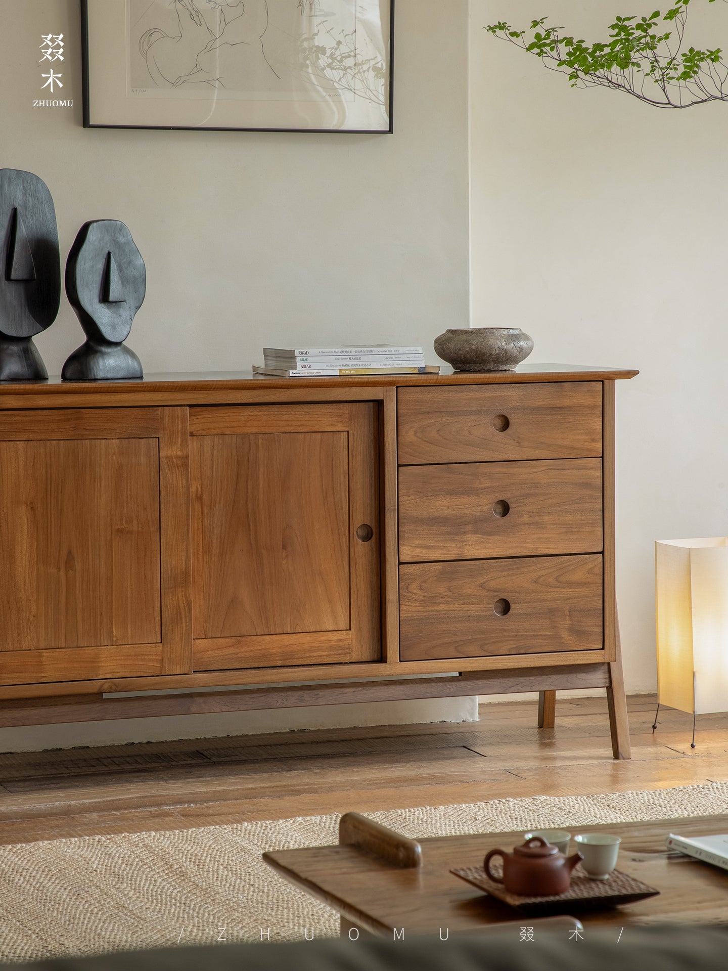 teak sideboard, sliding door buffet, solid wood cabinet, handcrafted teak furniture, minimalist dining storage, artisan wood furniture, wabi-sabi furniture, modern teak buffet, handmade solid wood sideboard