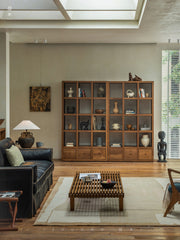 teak display cabinet, solid wood bookshelf, handcrafted teak furniture, natural wood display shelf, artisan wood cabinet, minimalist bookshelf, wabi-sabi furniture, boho wood decor, sustainable teak furniture