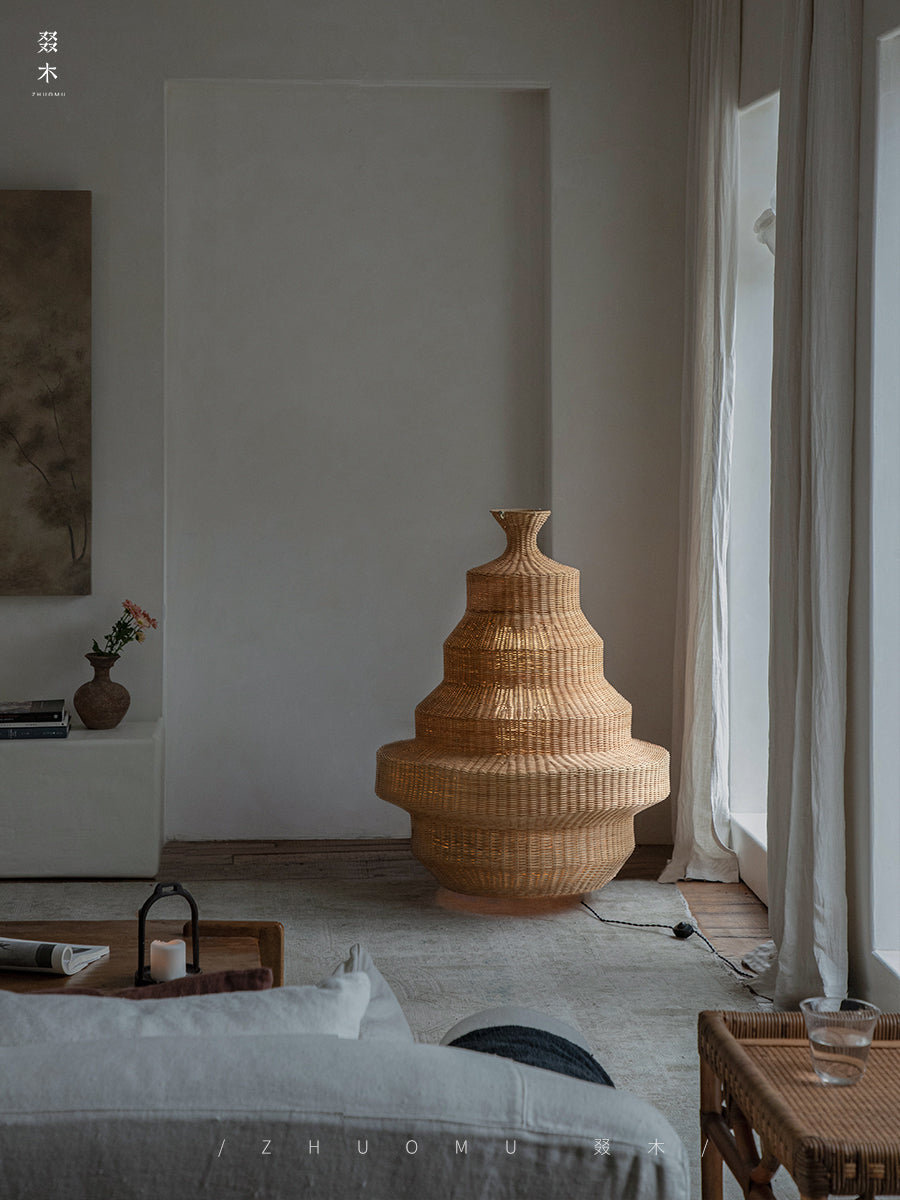 rattan floor lamp, handwoven rattan light, sculptural rattan lamp, pagoda floor lamp, bamboo lighting, natural rattan decor, artisan rattan lamp, southeast asian furniture, wabi-sabi lamp