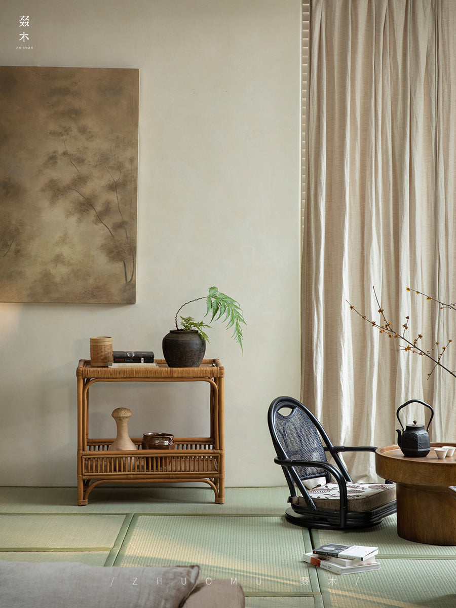 rattan console table, rattan side table, double tier rattan shelf, handwoven rattan furniture, natural rattan table, bohemian console, wabi-sabi decor, handmade rattan console, bamboo rattan furniture,