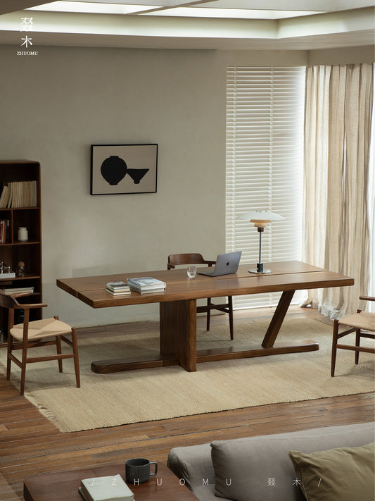 axis table, sculptural desk, solid wood desk, wood work table, modern minimalist furniture, handcrafted furniture, piexlculpt studio, wooden display table, long wooden table, wabi sabi furniture