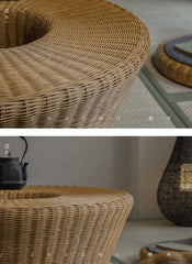 rattan tea set, rattan table and chairs, handwoven rattan furniture, round rattan table, bamboo tea table set, natural rattan decor, japanese tatami furniture, boho rattan furniture, artisan rattan set