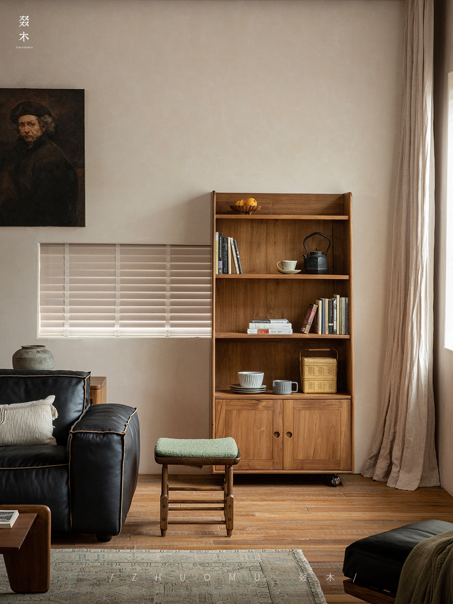 teak bookshelf, rolling cabinet, movable wood shelf, solid teak furniture, mid century furniture, teak storage cabinet, wooden bookshelf with wheels, handcrafted teak furniture, indonesian teak cabinet, piexlculpt studio