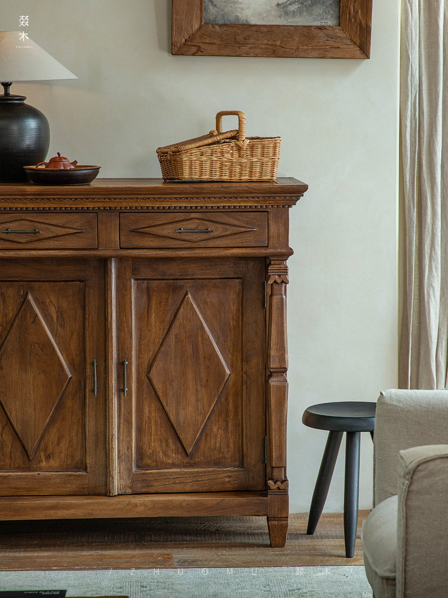 vintage teak cabinet, handcrafted solid wood console, antique style furniture, teak storage cabinet, artisan wood furniture, colonial style sideboard, wabi-sabi furniture, boho teak console, handmade teak cabinet