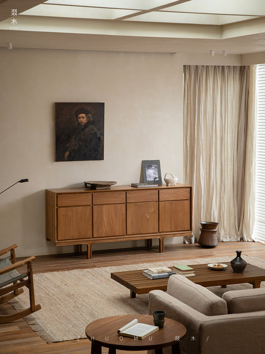 teak sideboard, solid wood cabinet, handcrafted buffet, four-door teak cabinet, minimalist wood furniture, artisan teak furniture, wabi-sabi sideboard, japanese scandi style furniture, handmade wood buffet