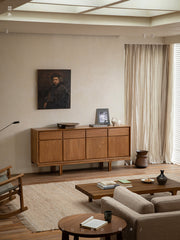 teak sideboard, solid wood cabinet, handcrafted buffet, four-door teak cabinet, minimalist wood furniture, artisan teak furniture, wabi-sabi sideboard, japanese scandi style furniture, handmade wood buffet