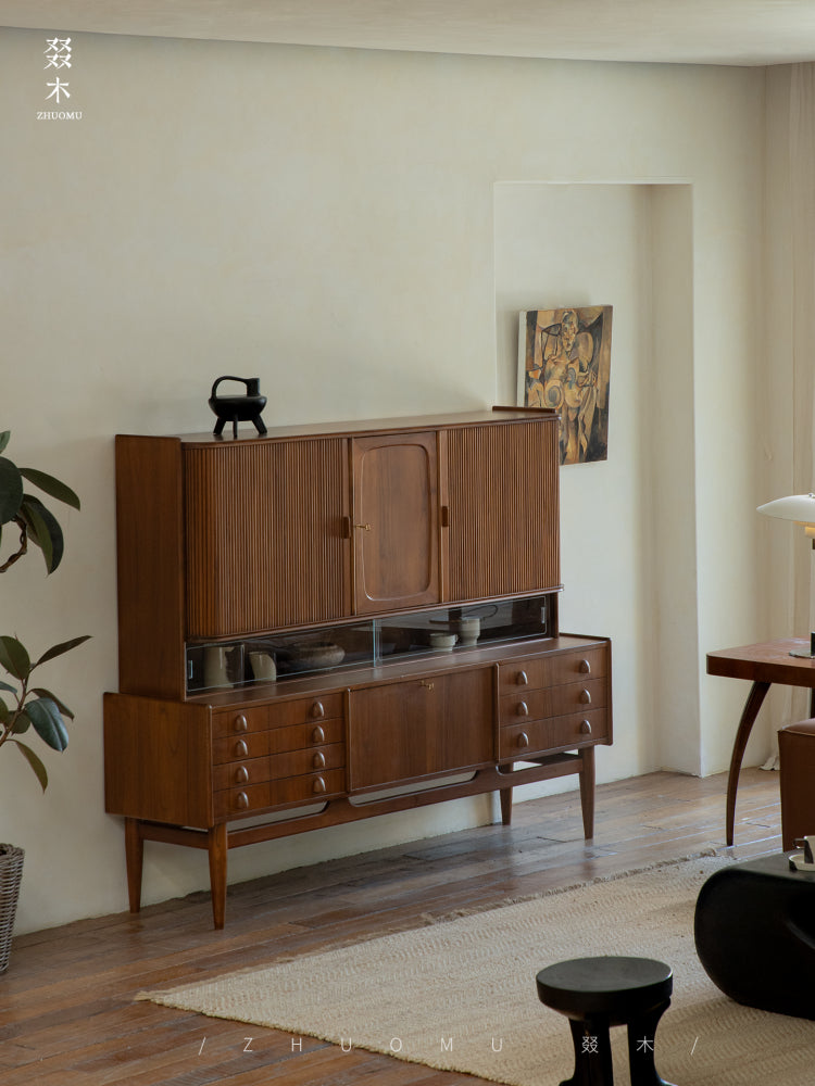 mid century teak sideboard, tambour door cabinet, solid wood credenza, handcrafted teak furniture, mcm buffet, designer teak cabinet, vintage teak sideboard, roll door wood cabinet, handmade solid wood furniture