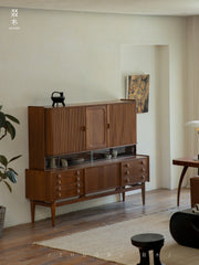 mid century teak sideboard, tambour door cabinet, solid wood credenza, handcrafted teak furniture, mcm buffet, designer teak cabinet, vintage teak sideboard, roll door wood cabinet, handmade solid wood furniture