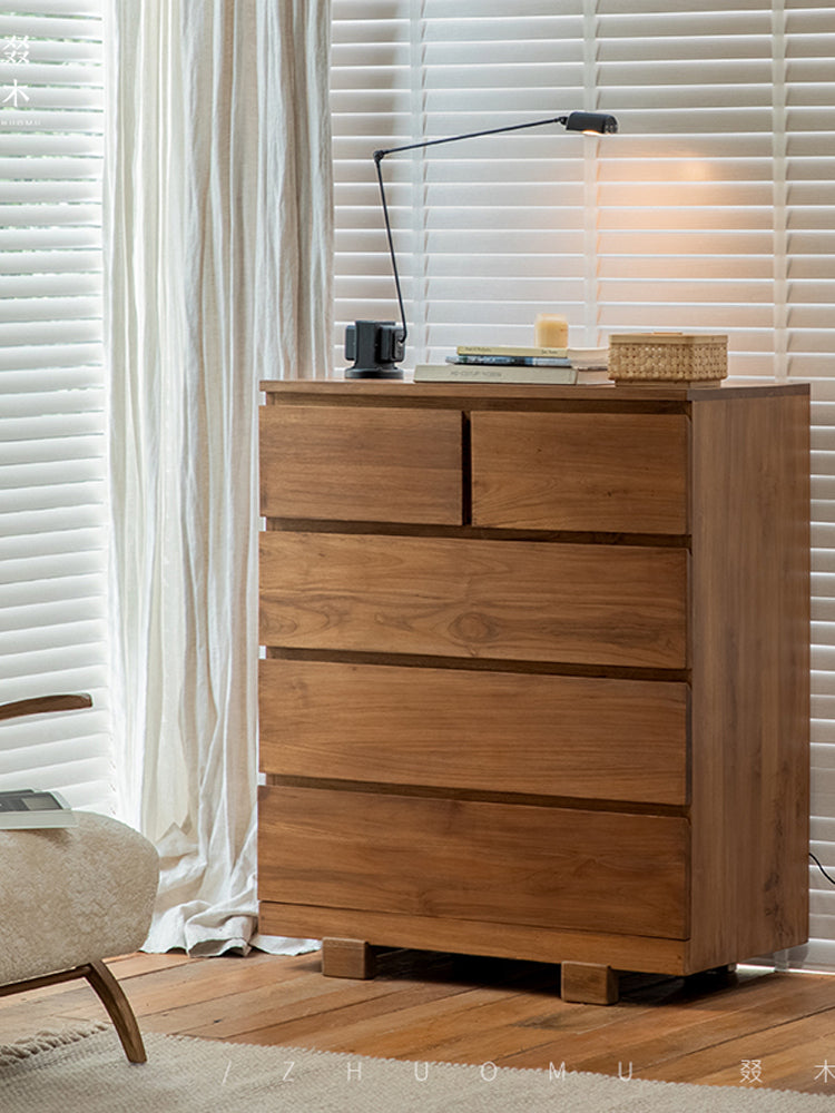 teak chest of drawers, solid wood dresser, handcrafted storage cabinet, minimalist wood furniture, artisan teak furniture, wabi-sabi furniture, handmade wooden dresser, natural teak cabinet, japanese scandi furniture