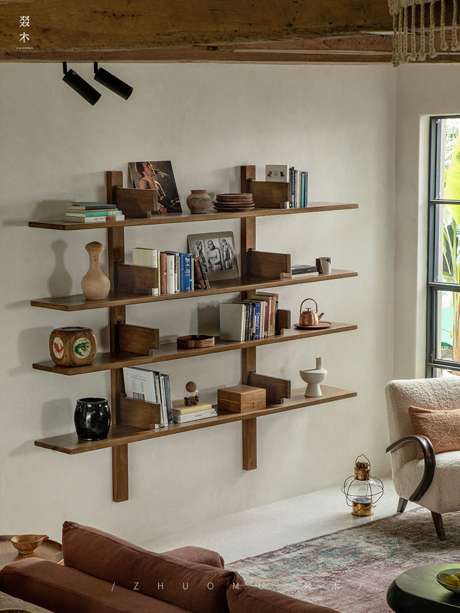 wall shelf system, modular wall shelving, mid century wood shelf, floating teak shelf, wooden wall bookcase, display shelving system, handcrafted wall furniture, piexlculpt studio