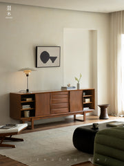 mid century teak sideboard, sliding door cabinet, danish modern credenza, handcrafted teak furniture, solid wood buffet, mcm furniture, minimalist teak console, vintage teak cabinet, artisan wood furniture