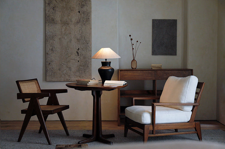 rin dining table, round wood table, japanese minimalist furniture, wabi sabi solid wood table, handcrafted round table, zen furniture, piexlculpt studio, natural walnut table, modern japanese decor, minimalist dining table