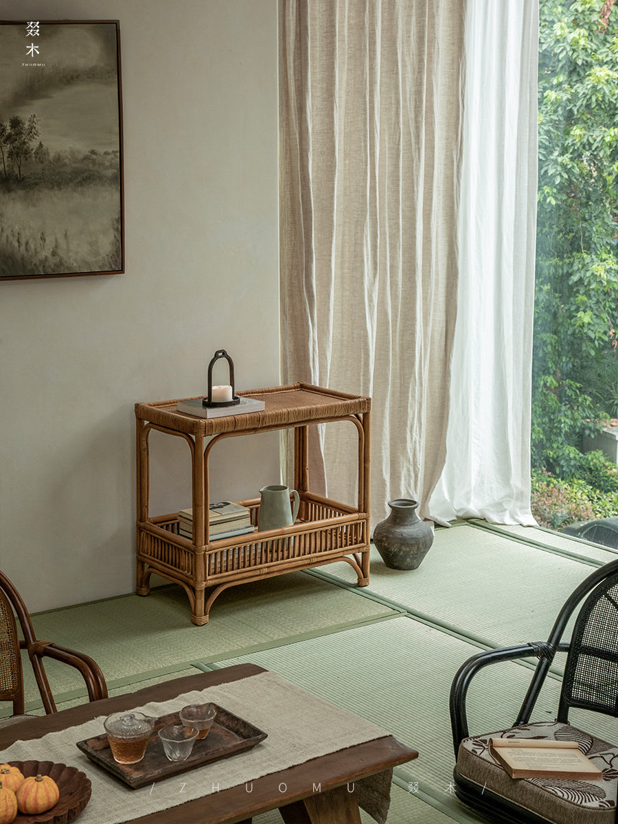 rattan console table, rattan side table, double tier rattan shelf, handwoven rattan furniture, natural rattan table, bohemian console, wabi-sabi decor, handmade rattan console, bamboo rattan furniture,