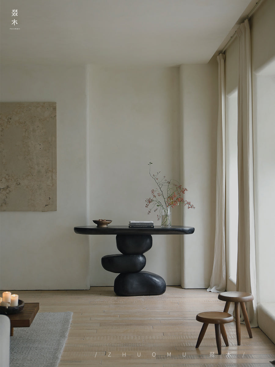 satori console table, sculptural wood table, wabi sabi furniture, zen furniture, piexlculpt studio, solid wood hallway table, organic wood design, handcrafted entry table, japanese minimalist furniture, wood sculpture furniture