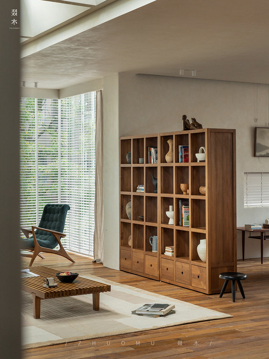 teak display cabinet, solid wood bookshelf, handcrafted teak furniture, natural wood display shelf, artisan wood cabinet, minimalist bookshelf, wabi-sabi furniture, boho wood decor, sustainable teak furniture