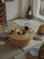 rattan tea set, rattan table and chairs, handwoven rattan furniture, round rattan table, bamboo tea table set, natural rattan decor, japanese tatami furniture, boho rattan furniture, artisan rattan set