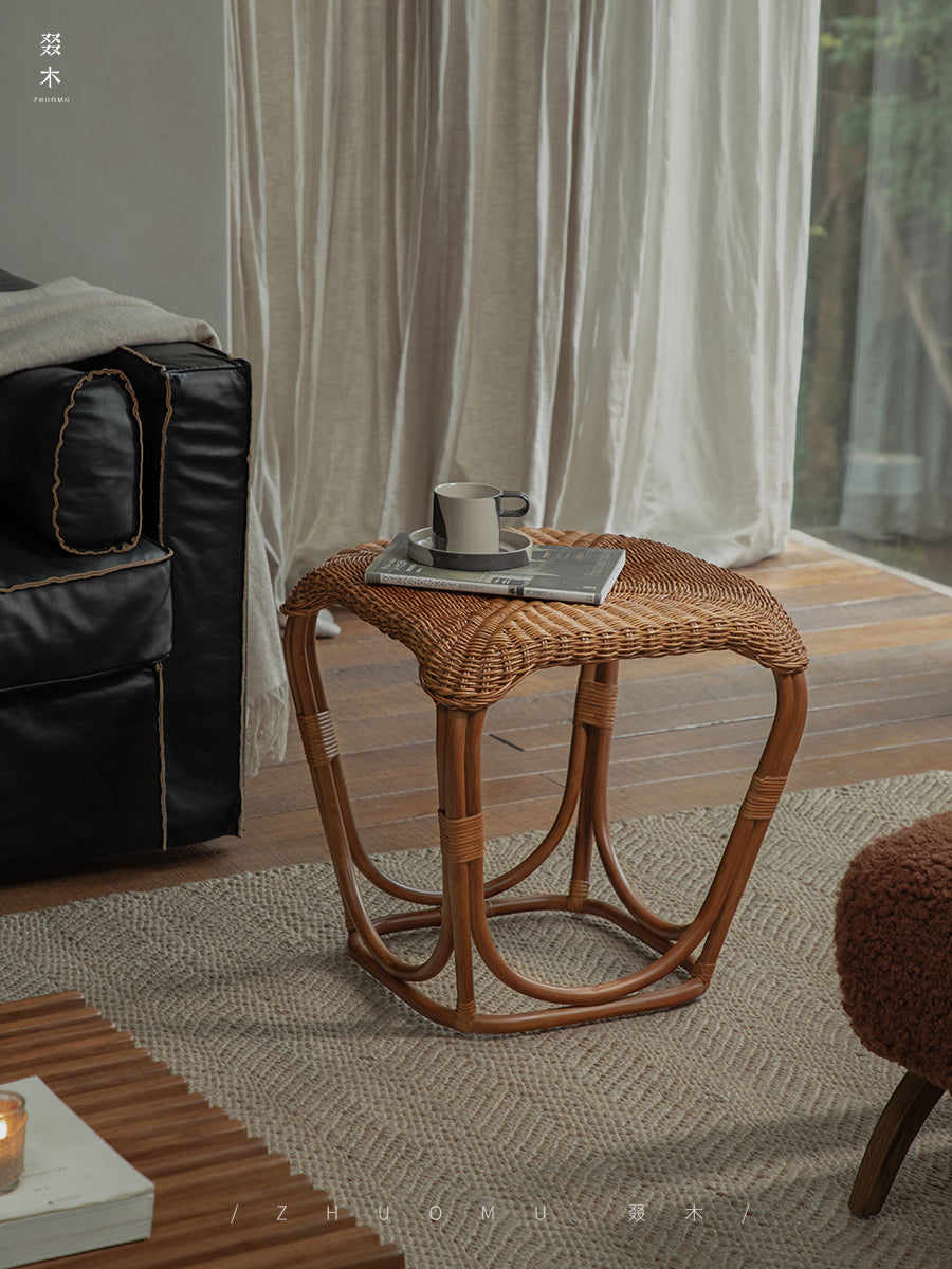 rattan side table, rattan end table, handwoven rattan stool, natural rattan furniture, minimalist rattan table, bamboo accent table, handmade rattan decor, boho rattan furniture, japanese wabi-sabi decor, artisan rattan stool
