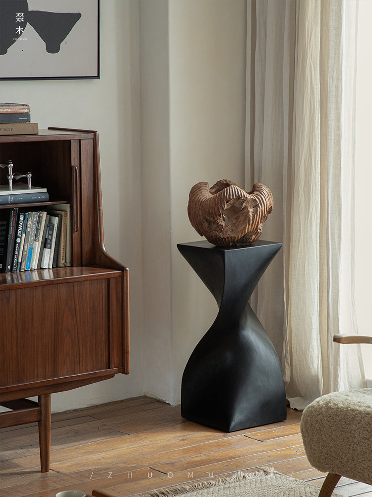 wood pedestal table, solid wood plant stand, sculptural wood side table, twist wooden table, handmade wood decor, rustic accent furniture, modern wood pedestal, artisan carved furniture, natural wood display stand