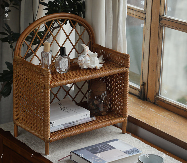 rattan shelf, rattan storage rack, handwoven rattan organizer, bamboo shelf, natural rattan furniture, double layer rack, vintage rattan decor, handcrafted rattan shelf, boho home organizer, artisan rattan storage