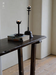 saya console table, solid teak console, wooden sofa table, wabi sabi furniture, japanese minimalist console, handcrafted wood furniture, piexlculpt studio, zen furniture, solid wood long table, teak entryway table