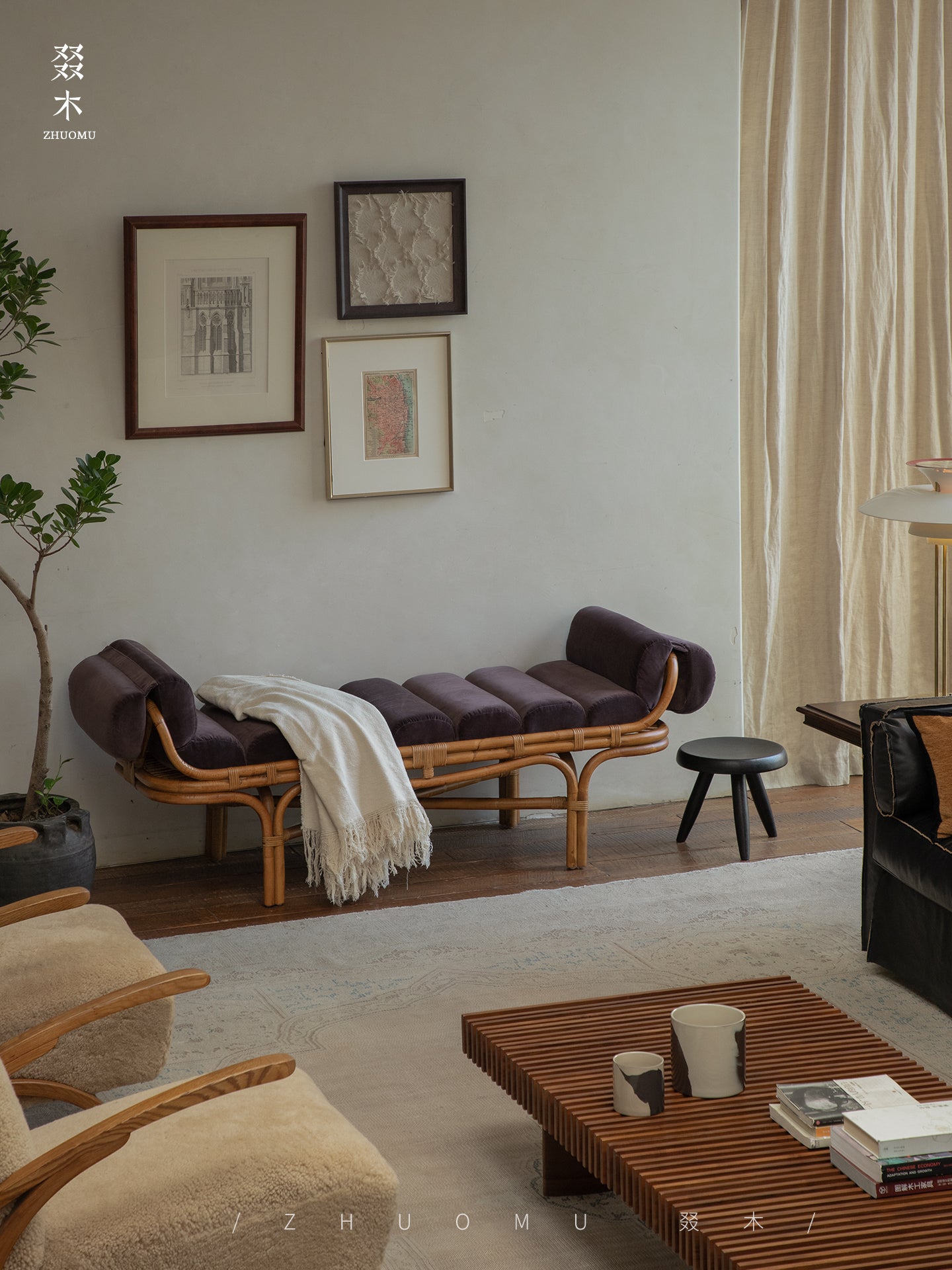 rattan daybed, rattan lounge bench, handwoven rattan furniture, bamboo daybed, double rattan chaise, artisan rattan furniture, natural rattan decor, wabi-sabi furniture, boho rattan bench