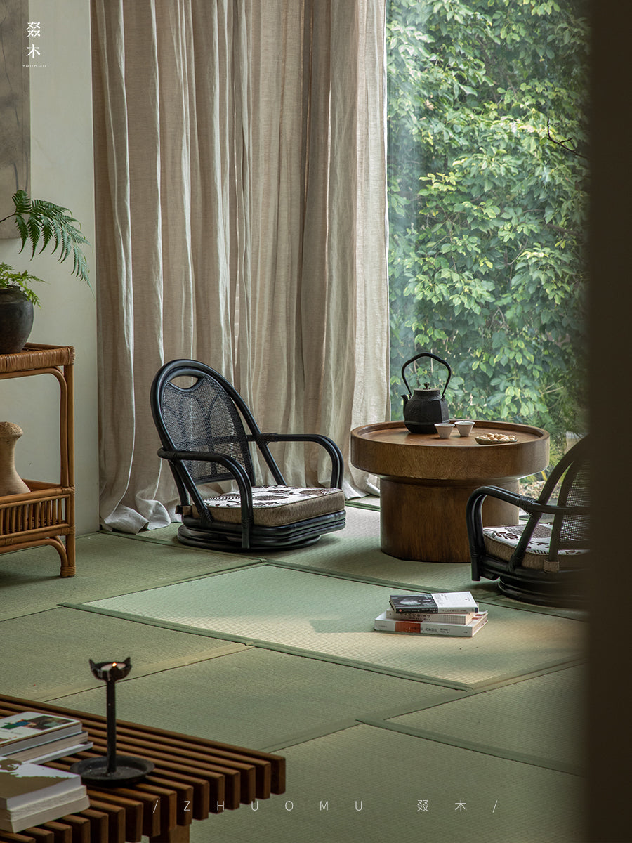 rattan floor chair, tatami chair, rattan swivel chair, handwoven rattan furniture, Japanese floor chair, bohemian interior, tea room seating, handcrafted rattan seat