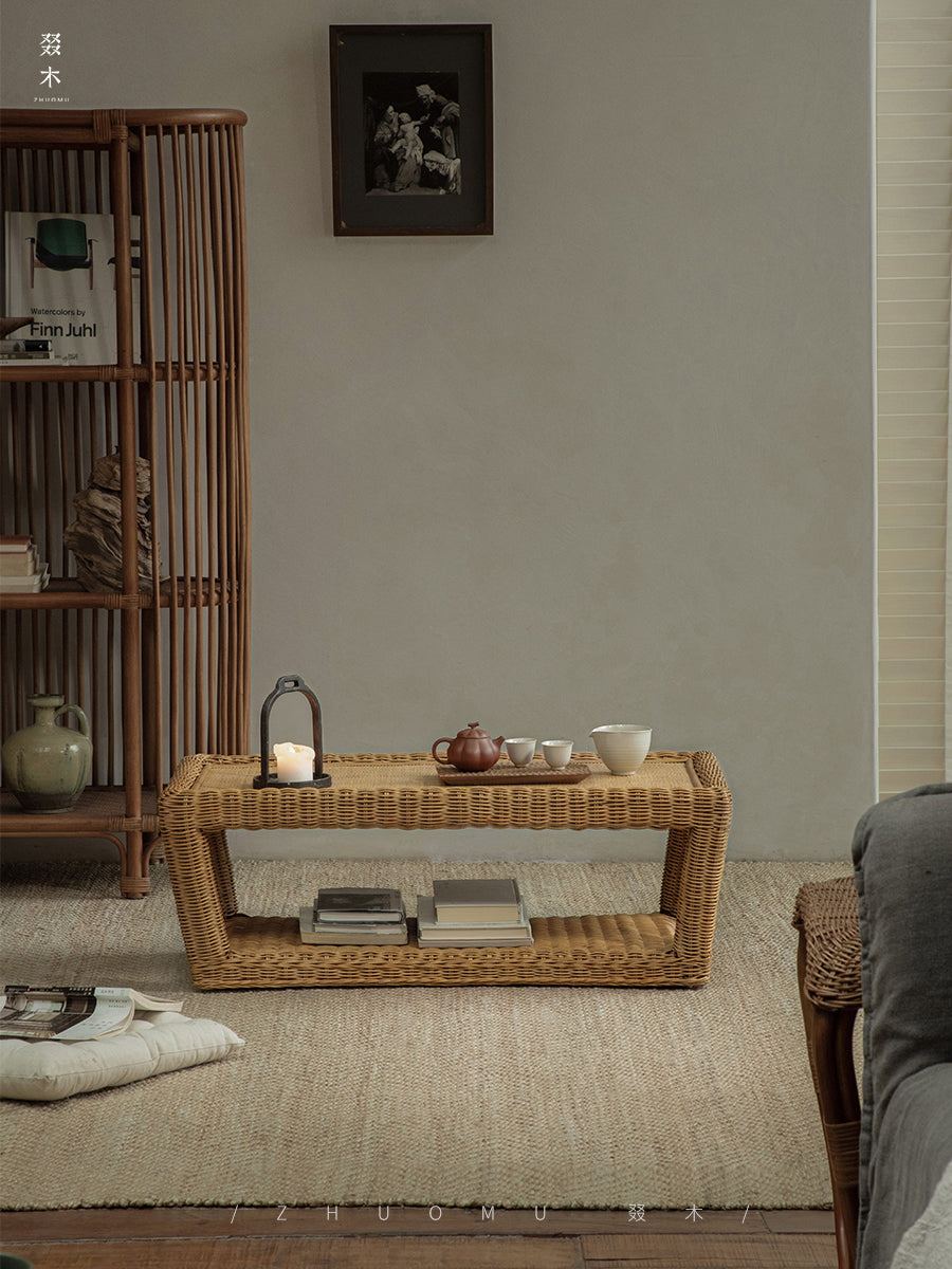 rattan coffee table, rattan tea table, handwoven rattan furniture, bamboo table, natural rattan decor, double layer coffee table, japanese wabi-sabi furniture, handcrafted rattan table, boho living room decor