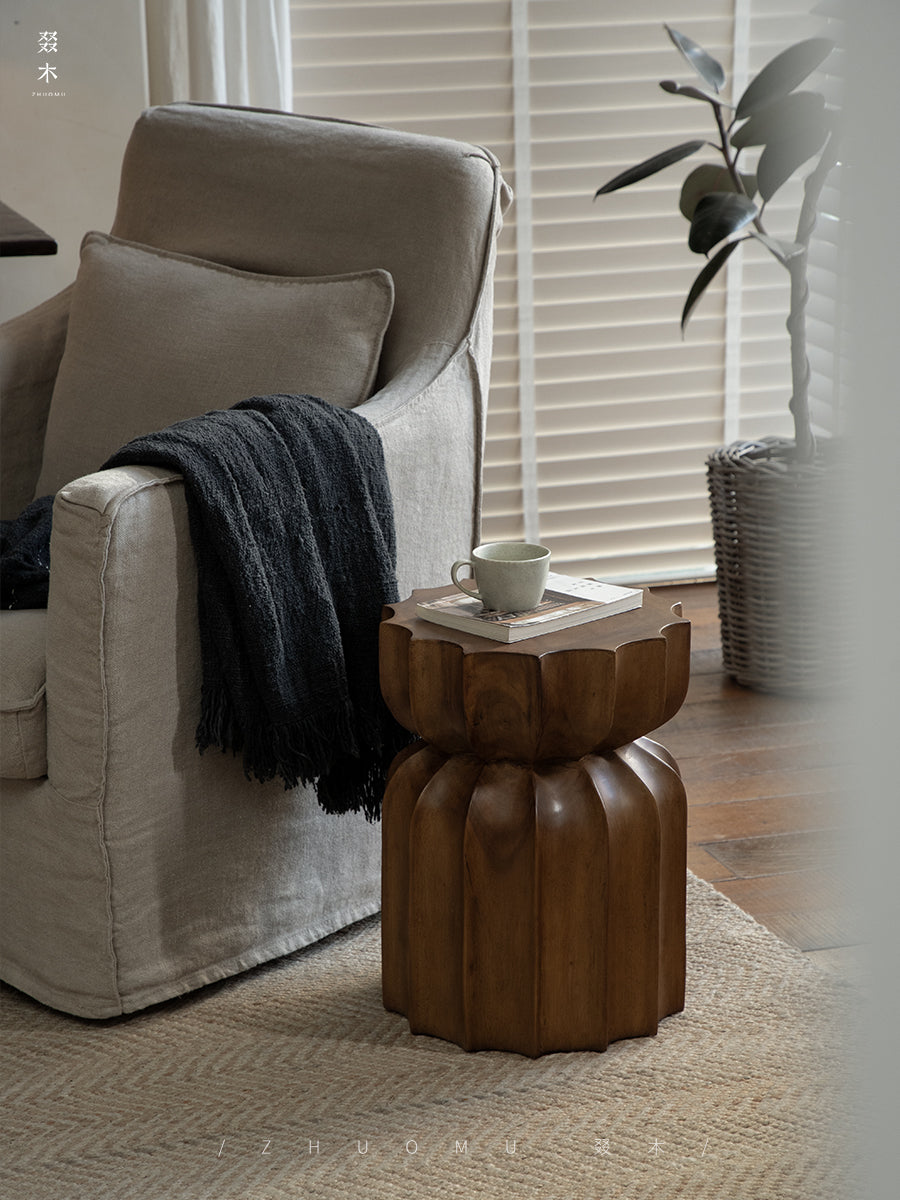 wood side table, solid wood accent table, carved wooden end table, handmade wood furniture, rustic wood nightstand, natural wood decor, modern artisan furniture, wooden pedestal table