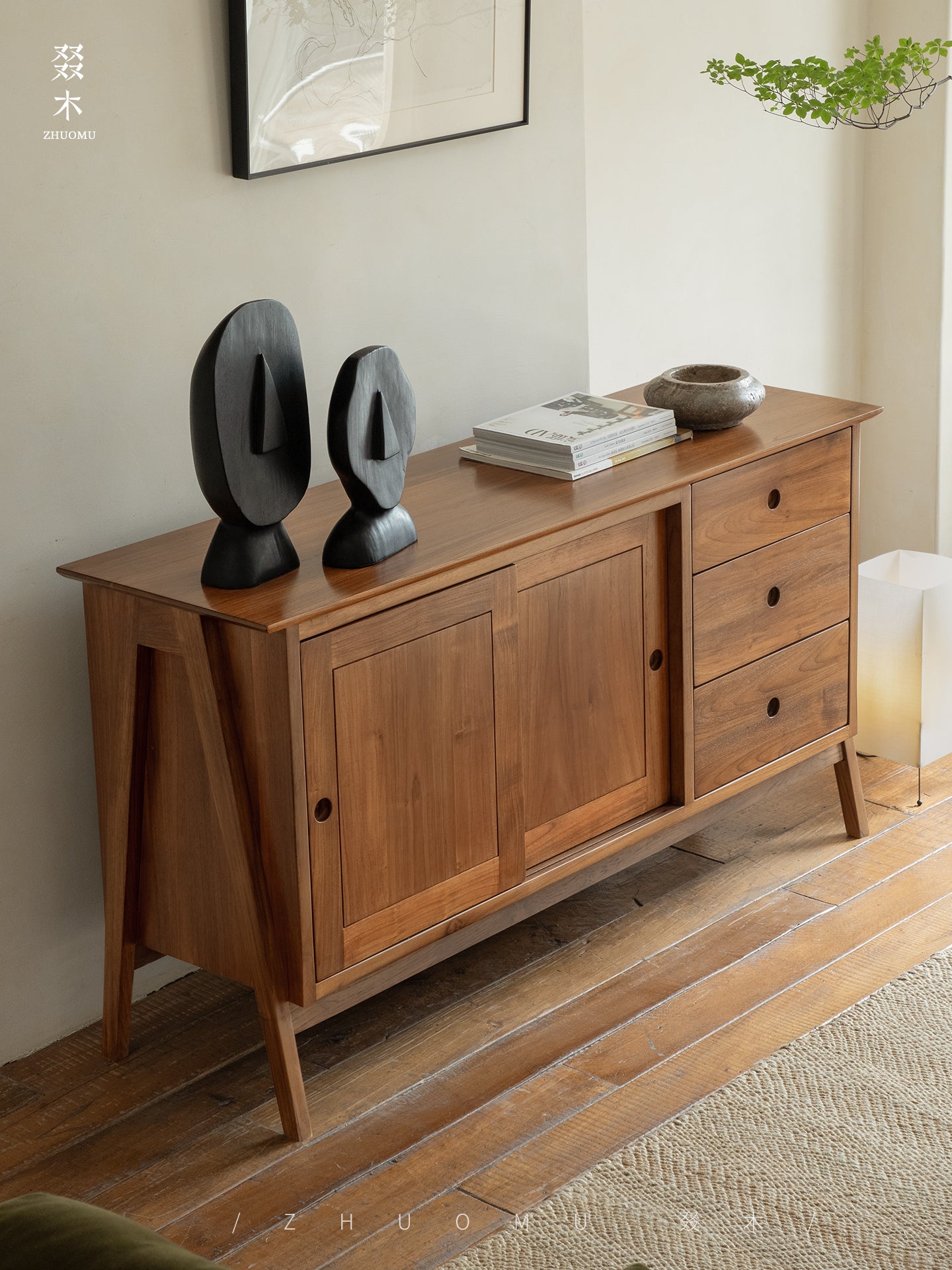 teak sideboard, sliding door buffet, solid wood cabinet, handcrafted teak furniture, minimalist dining storage, artisan wood furniture, wabi-sabi furniture, modern teak buffet, handmade solid wood sideboard