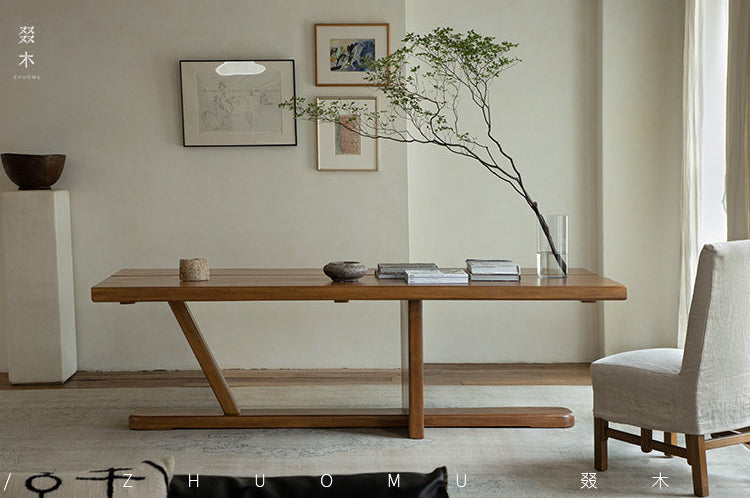 axis table, sculptural desk, solid wood desk, wood work table, modern minimalist furniture, handcrafted furniture, piexlculpt studio, wooden display table, long wooden table, wabi sabi furniture