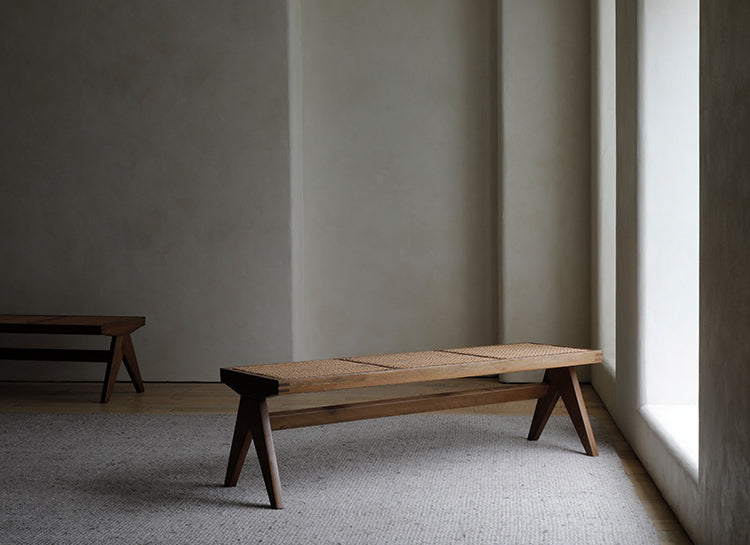 chandigarh bench, handwoven rattan bench, solid wood furniture, japanese minimalist bench, handcrafted wooden bench, entryway seating, sustainable rattan furniture, piexlculpt studio, wabi sabi bench