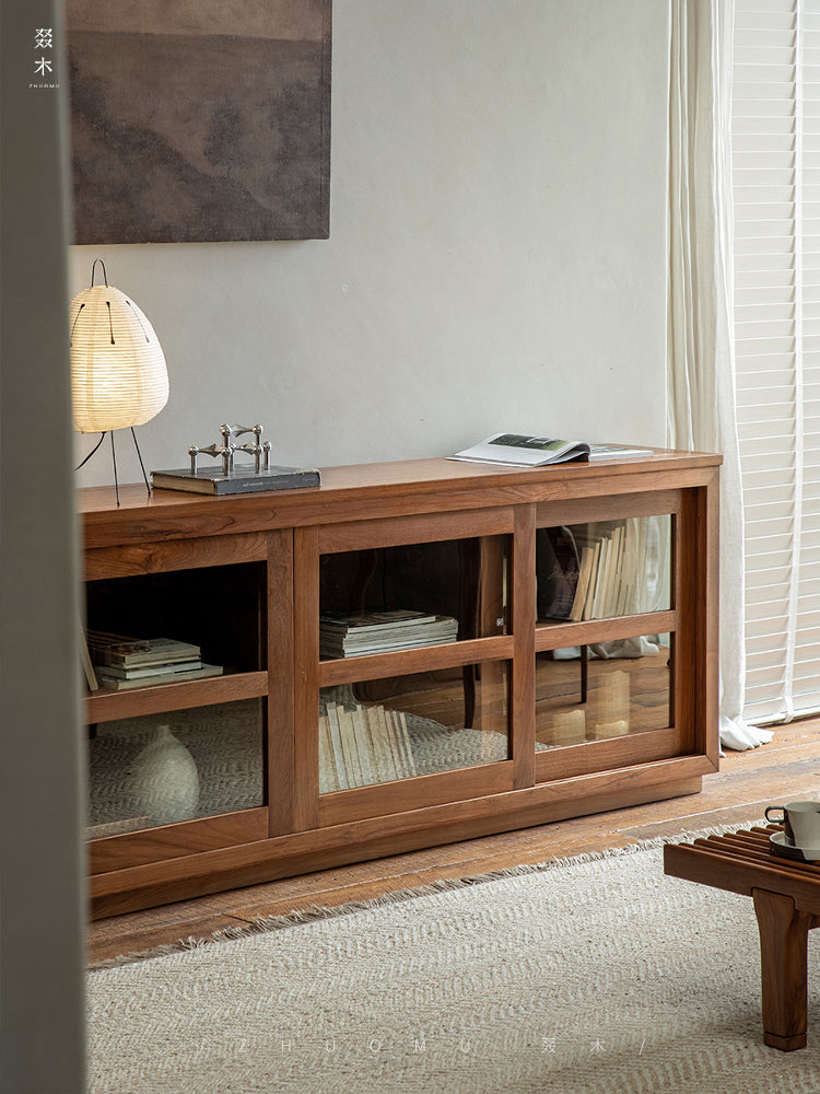 teak glass sideboard, sliding door cabinet, solid wood TV console, handcrafted teak furniture, minimalist teak buffet, artisan wood furniture, wabi-sabi furniture, boho teak cabinet, japanese scandi teak furniture