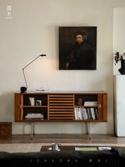 tambour sideboard, teak media console, mid century teak cabinet, teak sideboard, roll door cabinet, danish modern furniture, handcrafted wood furniture, teak buffet cabinet, piexl sculpt studio