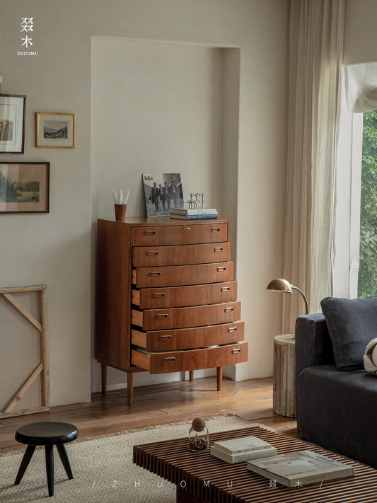 teak dresser, seven drawer chest, mid century furniture, solid teak cabinet, teak chest of drawers, danish modern storage, teak tall dresser, handcrafted wood furniture, piexl sculpt studio